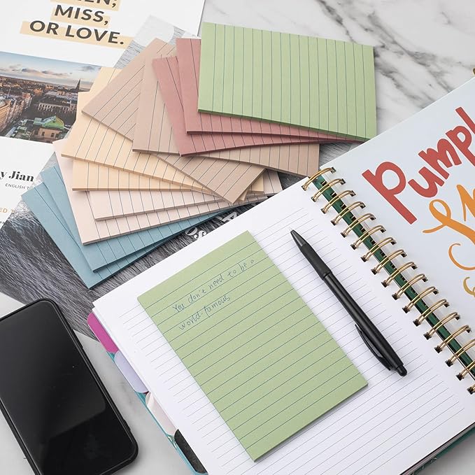 (6 Pack) Lined Sticky Notes 4x6 in Ruled Stickies Super Sticking Power Memo Pads Vintage Colors