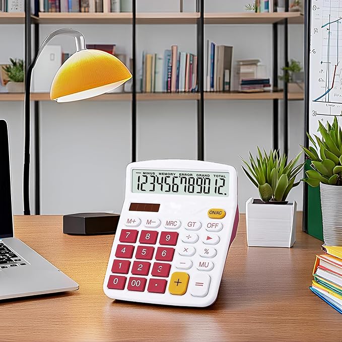 Meichoon Desktop Calculator Solar Battery Dual Power 12 Digit Large LCD Display Financial Dedicated Large Standard Function Desktop Business Calculator for Office/Home/School KA08 Red