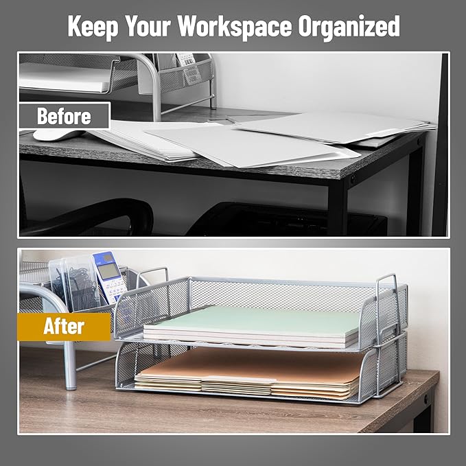 Mind Reader Stackable Paper Tray, Desktop Organizer, File Storage, Office, Metal Mesh, 13.25" L x 9.75" W x 6.25" H, 2 Pcs., Silver