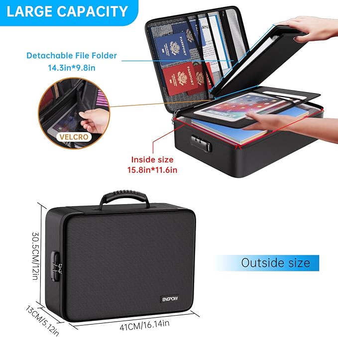ENGPOW Fireproof Document Box with Lock, 5200℉ Soft Case Fireproof Box with 25 Colorful Pocket Accordion File Folder, Fireproof Water Resistant Safe File Organizer Storage for Important Documents