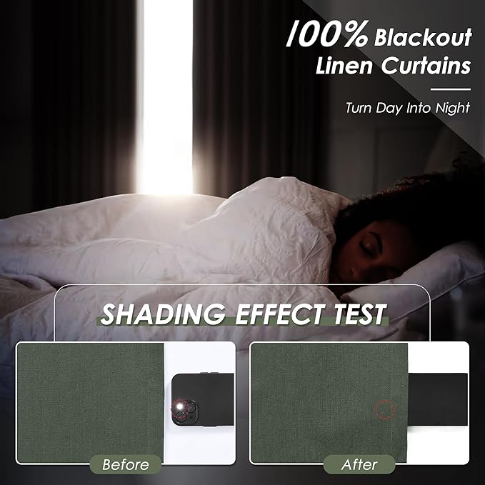 Blackout Olive Green Linen Curtains 96 Inches Long Back Tab Heat Reflective Full Light Block Out Curtains 2 Panels for Bedroom Windows Textured Long Draperies with Liner Floor to Ceiling Length 8Ft
