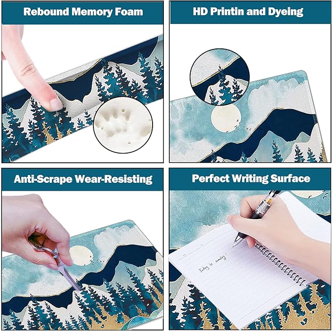 ARTSO Large Gaming Mouse Pad Set, Keyboard Wrist Rest Support + Mouse Wrist Cushion + Extended Mousepad + Coaster, 35x15.5in Multifunctional Desk Mat, Abstract Mountain