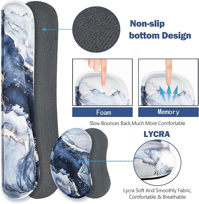 ARTSO Large Gaming Mouse Pad, Keyboard Wrist Rest Pad & Wrist Support Mousepad Set, Stitched Edge, Extended, Non-Slip Base, Memory Foam,Multifunctional Desk Mat 4pcs for Office & Home, Gilt Marble