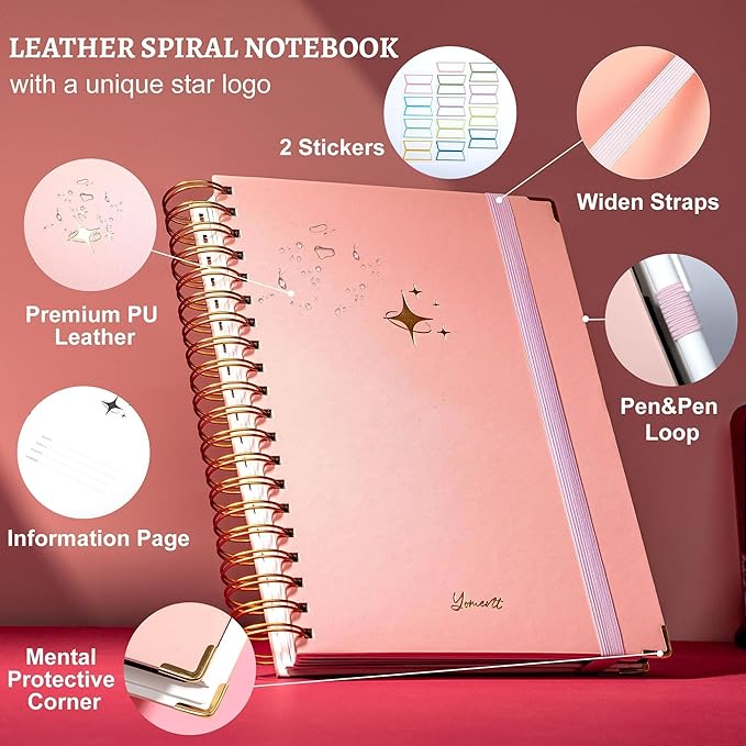 Thick 360 Pages Spiral Notebook Journal for Women with Pen, B5 Leather 5 Subject Hardcover College Ruled Note Book, Journaling Notebooks for Writing Work School, Pink