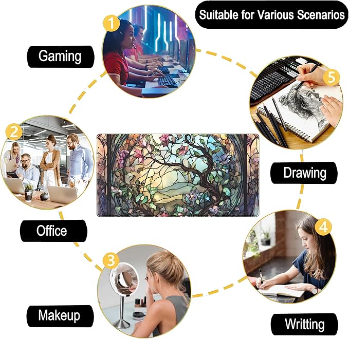 Stained Glass Tree Desk Mat Cartoon Tree Gaming Mouse Pad Large XXL Extended Desk Matt for Desktop, Laptop Computer Keyboard Mouse Mat for Women Office Decor Accessories Deskmat 31.5''x15.7''