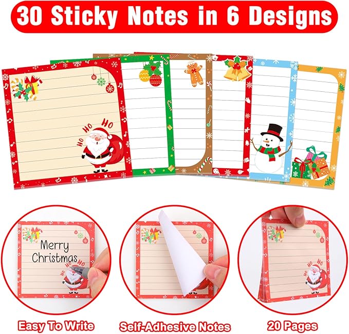 30 Pack Christmas Sticky Notes - 600 Sheets Holiday Memo Notes for Message Reminder Gifts School Office Students Teachers Presents