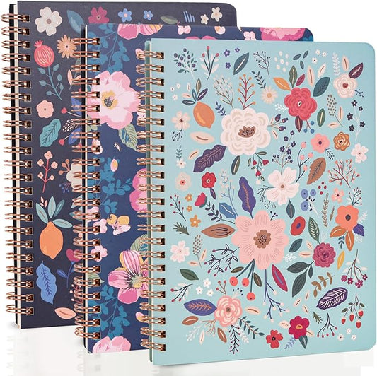 3 Pack Hardcover Spiral Notebook Spiral Journals for Women 160 Pages, 6.3 x 8.3 Inches,100gsm Paper,Cute College Ruled Notebook, Back Pocket, Office Supplies (FG-flower)