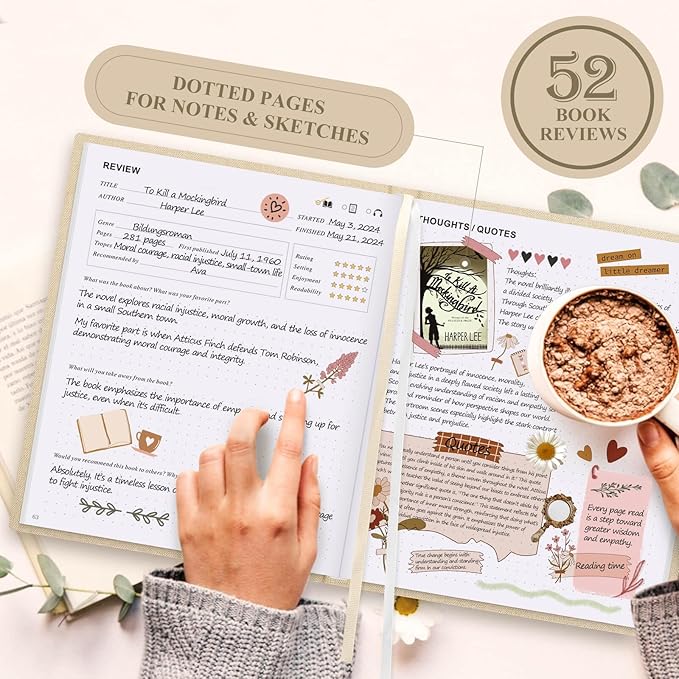 Lanpn Reading Journal Book Journal for Book Lovers Readers - Linen Hardcover Reading Log Book with 52 Book Reviews - Book Tracker Journal Reading Notebook Bookish Gifts, 9.3"x7.7", 158 Pages (Grey)