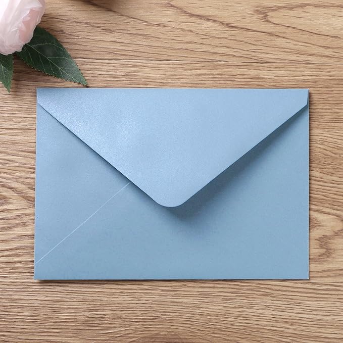 PONATIA 50 Pieces/lot A7 Envelopes, 5.25 X 7.25'' Dusty Blue Envelopes Perfect For 5x7 Weddings Invitation Cards, Graduation, Acrylic Invitations, Photos (Pearl White Liner + Dusty Blue)