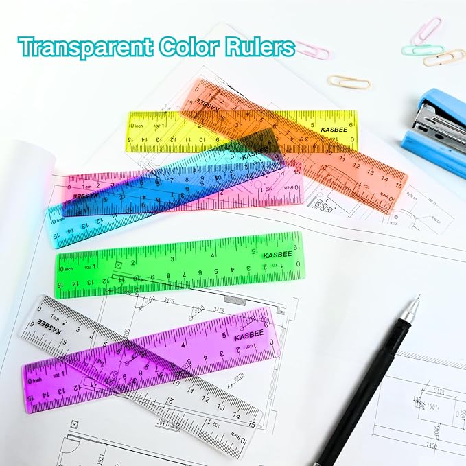 6 Inch Rulers, Colored Clear Rulers, Centimeters and Inches, Plastic Ruler for Kids, School, Home, Office, Pack of 7