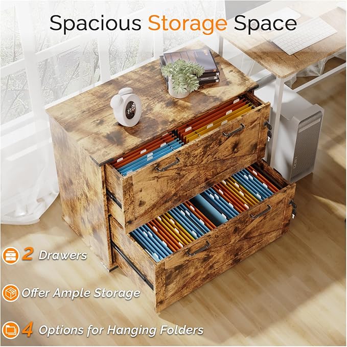 VINGLI 2 Drawer File Cabinet with Lock, Home Office Filing Organizer, for Letter Legal A4 Size File Folder Storage, Modern Farmhouse, Wood Lateral Filing Cabinet, Archivador (Rustic Brown)