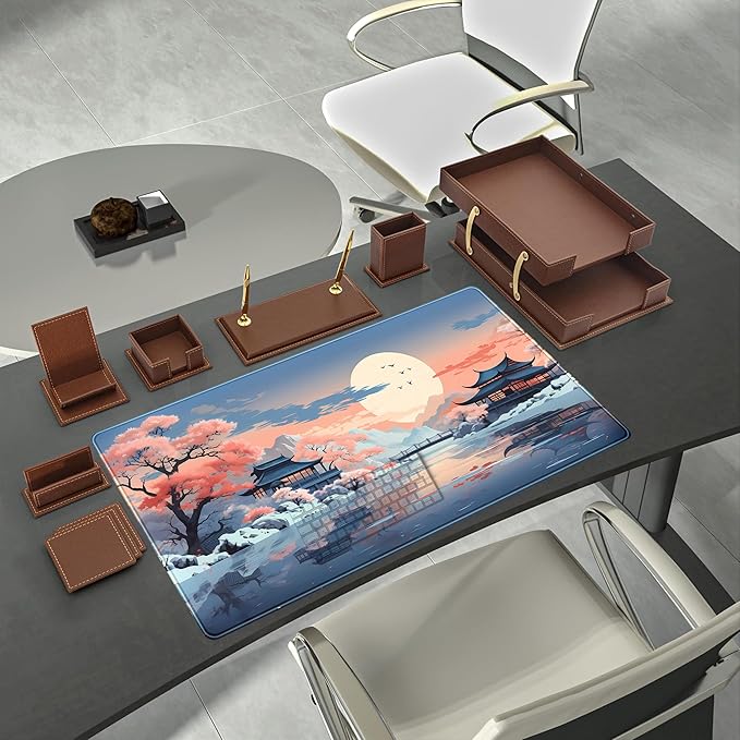 Kawaii Desk Mat Japan Desk Pad Extra Large Gaming Mouse Pad XXL, Computer Laptop Keyboard Pad Gamer Desk Setup, Pink and Blue Mouse Mats with Stitched Edges, Vintage Office Decor 31.5" x 15.7"