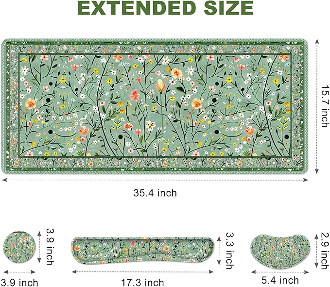 Floral Desk Mat, 4in1 Large Mouse Pad with Wrist Rest, Anti-Slip Desk Pad for Desktop, XXL Ergonomic Mousepad with Wrist Support for Keyboard and Mouse, Green Art Flowers
