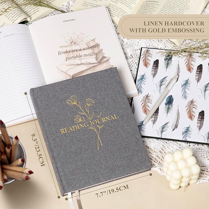 Lanpn Reading Journal Book Journal for Book Lovers Readers - Linen Hardcover Reading Log Book with 52 Book Reviews - Book Tracker Journal Reading Notebook Bookish Gifts, 9.3"x7.7", 158 Pages (Grey)
