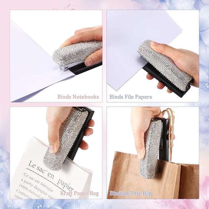 Yexiya Bling Crystal Stapler Gift Sparkly Diamond Stapler for Desk Handmade Clay Rhinestone Machine Pretty Office Stationery Kit Stylish Accessory for Women Lady Christmas(Silver)