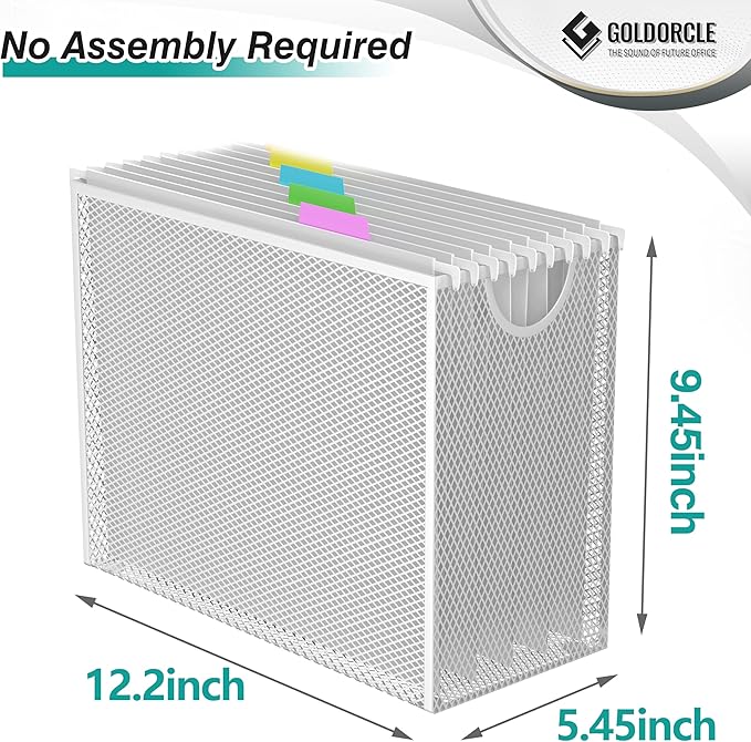 White Hanging File Organizer Box, Hanging File Folder Frame with 5 Letter-size Hanging Folders, Metal Mesh Desk File Folder Storage (No Assembly Required)