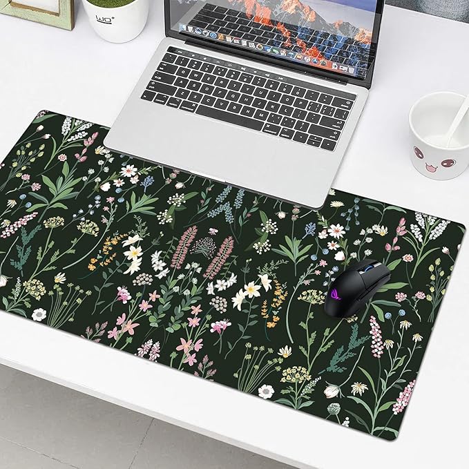 Wildflowers Desk Pad Protector, Stitched Edges Mouse Pad, Large Office Mat, Non-Slip Desk Blotter, Flower Laptop Pad, Floral Writing Pad for Office and Home (31.5" x 15.7")