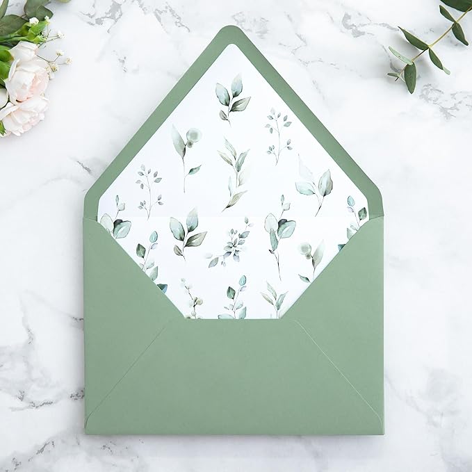 PONATIA 50PCS A7 Euro Flap Envelope, 5.25 x 7.25'' Sage Green Flowers Liner Envelopes for Wedding Invitations, Photos, Postcards, Greeting Cards, Christmas Gift, Acrylic Mailing