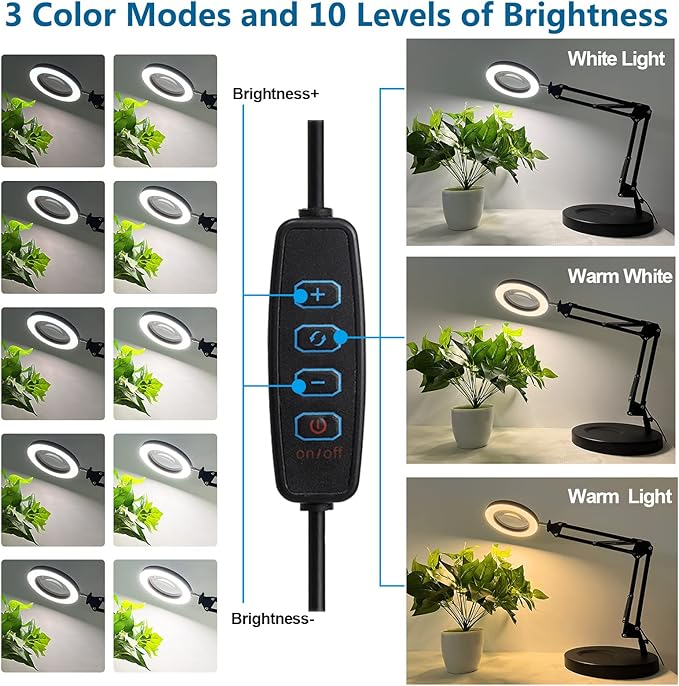 HITTI 10X Magnifying Glass with Light, 1,800 Lumens Stepless Dimmable, 3 Color Modes, 4.2″ Real Glass Lens LED Magnifying Desk Lamp & Clamp, Magnifier Light and Stand for Crafts Welding Close Work