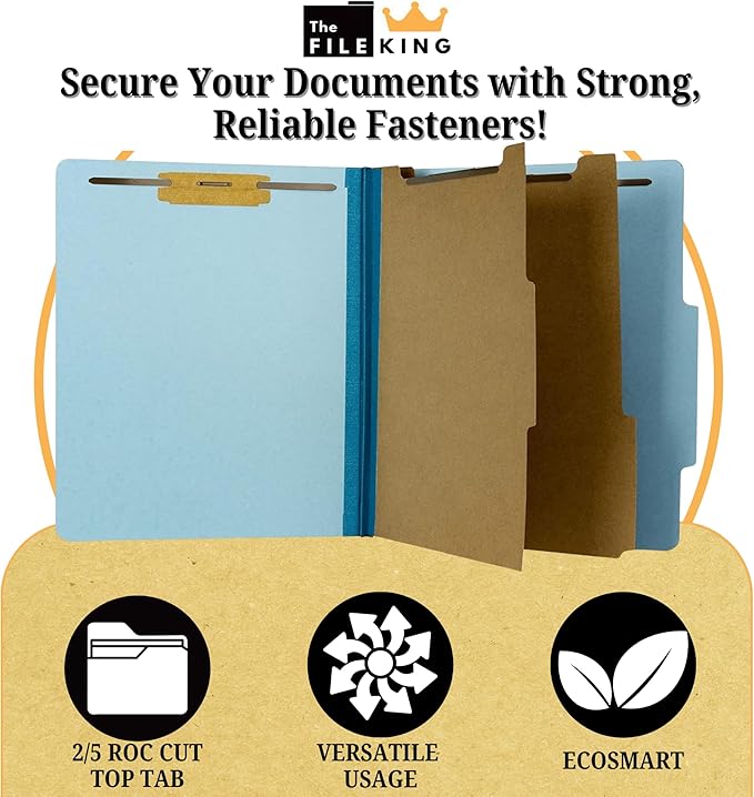 The File King Classification Folders 2 Dividers Letter Size - Pale Blue, 10 Pack | Pressboard Classification Folder | 2-Inch Expansion | Made in USA | Medical File Folders with Dividers and Prongs