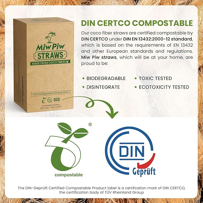 Biodegradable Coconut Straws - 200 Pieces Disposable, Plastic Free, Ecofriendly Coco Fiber Drinking Straws Bulk for Cold and Hot Beverages, Cocktail and Restaurant