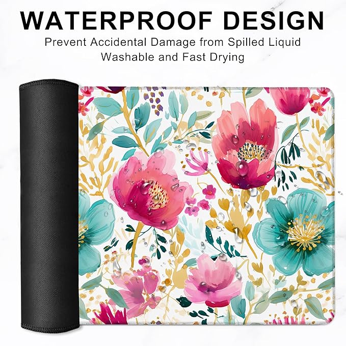 Gaming Mouse Pad, Watercolor Pink and Teal Flowers Floral Large Desk Mat for Keyboard and Mouse,Non-Slip Rubber Base and Stitched Edges Desk Pad for Home Office 35.4x15.7in