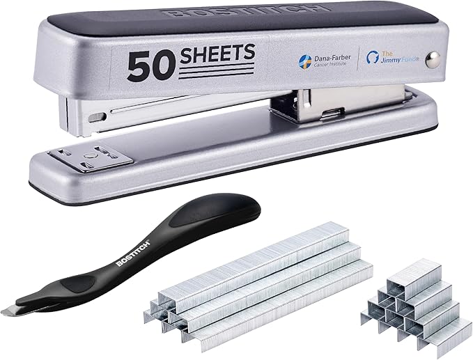 Bostitch Titan Heavy Duty Metal Stapler, 50 Sheet Capacity with 1250 Staples and Ergonomic Staple Remover, Jam Free Stapling, Full Strip Stapler for Desk, Office and Classroom, Silver