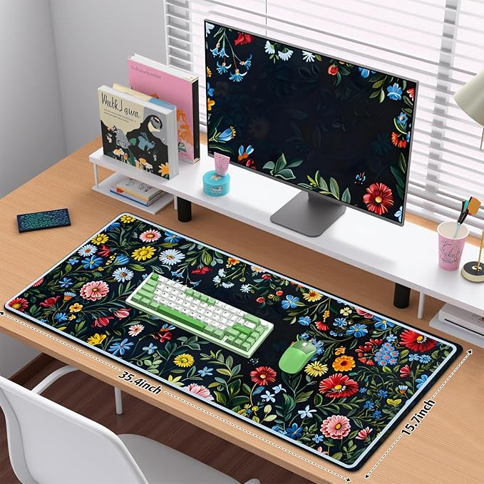Desk Mat, Large Mouse Matt for Desktop, Women Deskpad Mat, XXL Big Mouse Pad for Desk, Anti-Slip Mousepad with Stitched Edges, Keyboard Pad Mouse Mat Cover for Computer 35.4×15.7 in, Bright Flower