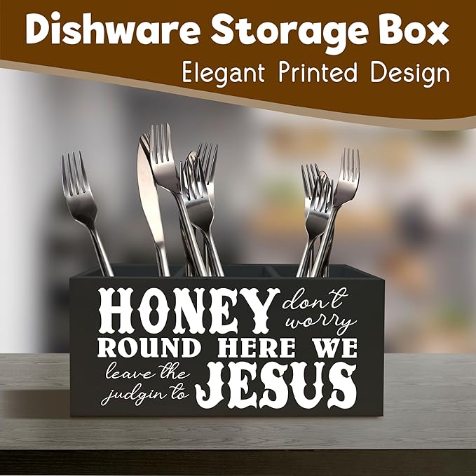 Christian Sign Decor for Desk Pen Holder, Honey Round Here We Jesus Christian Gifts for Women,Jesus Home Shelf Decor Wooden Pencil Holder for Office Desk Accessories