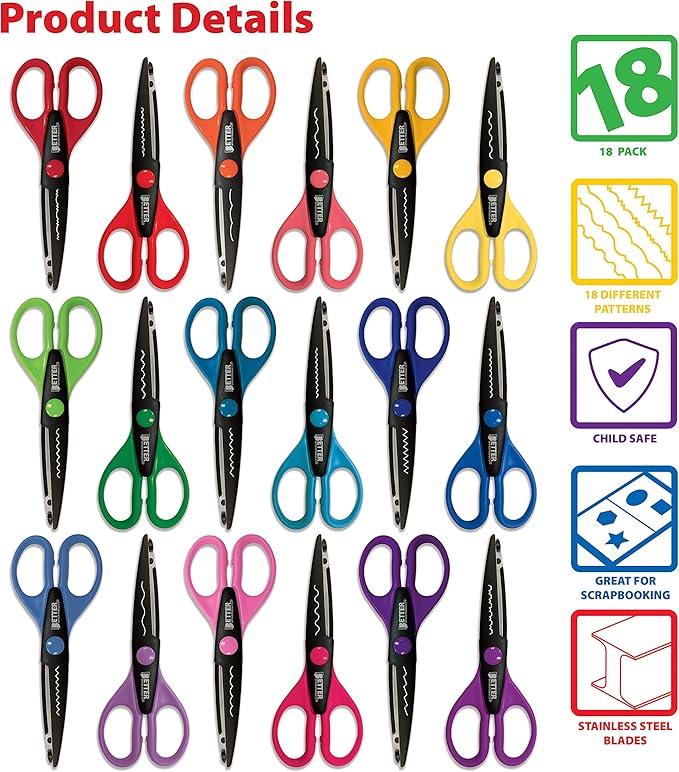 Better Office Products 18 Piece Decorative Edge Craft Scissors, 18 Colors and Edge Designs, 6 Inch Length, 2.5 Inch Blades, Assorted 18 Count Edger Scissors