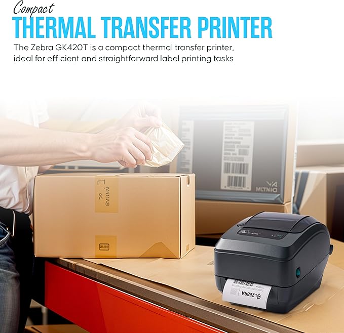 GK420T Zebra Thermal Transfer Monochrome Desktop Printer for Labels, Receipts, Barcodes, Tags, and Wrist Bands - with USB, Ethernet Port Connectivity & Microfiber Cleaning Cloth