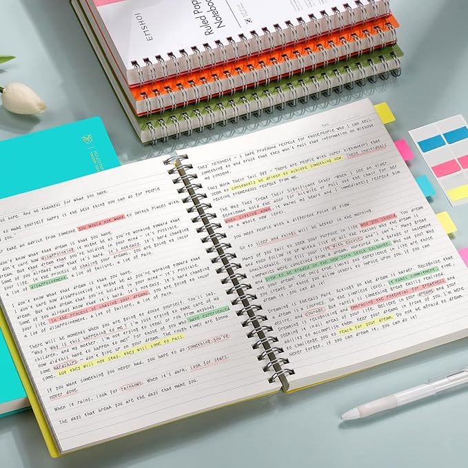 EMSHOI A4 Spiral Notebook Lined Journal, 300 Pages, College Ruled, 100gsm Thick Paper, Waterproof Softcover, Twin-Wire Binding, with Sticky Notes, Green (11.2" x 8.27")