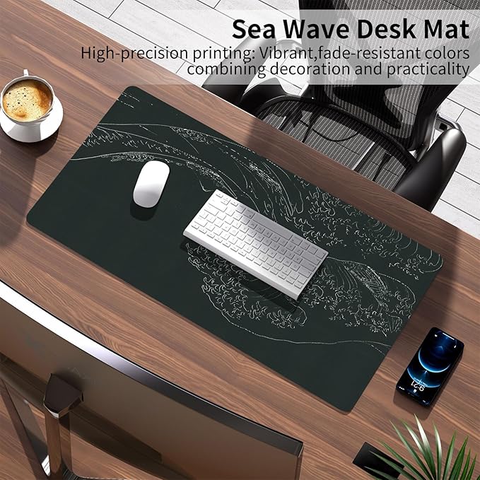 Bloss Japanese Sea Wave Desks Mat,Anime Black Large Mouse pad,Kanagawa Gaming Desk Pad Mat,Desk Blotter Mat,Waterproof Computer Laptop Keyboard Desk Protector Mat for Office/Home/Gift,31.5" x 15.7"