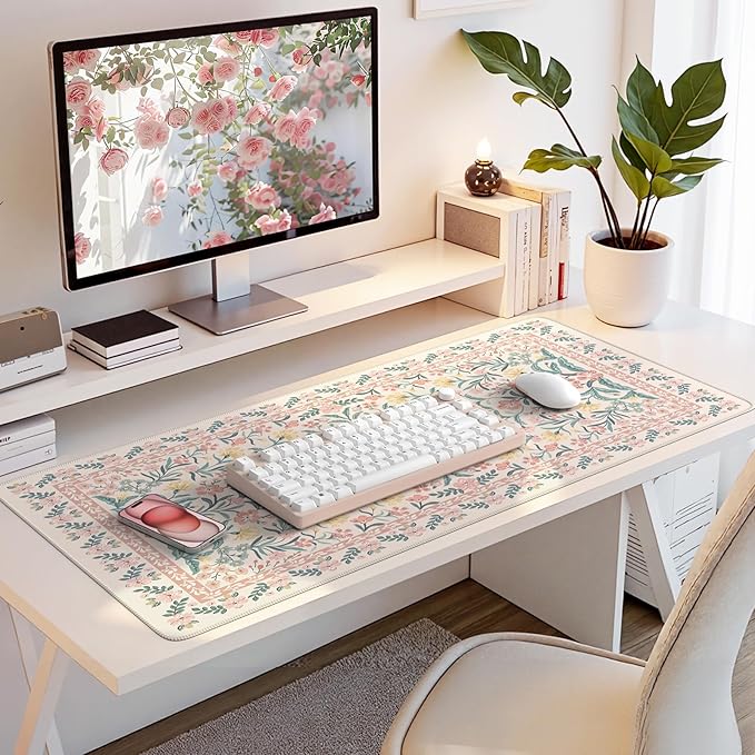 HAOCOO Desk Matt for Desktop, Cute Desktop Pad for Keyboard and Mouse,Non-Slip Pink Keyboard Mat for Computer, Floral Mouse Pad with Stitched Edge, Large Mouse Pad for Office Aesthetics