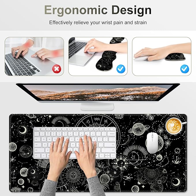 Gaming Mouse Pad Keyboard Wrist Support, 4 in1 Mousepad Set with Wrist Keyboard Rest, Computer Desk Mat, Non-Slip Desk Pad Protector with Memory Foam Easy Typing Pain Relief I Moon Sun Cosmic