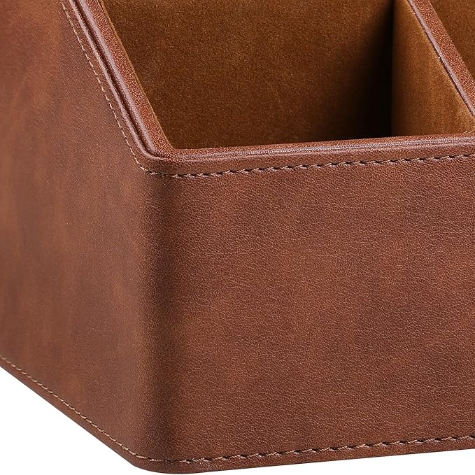 PU Leather Desk Organizer, Luxury Remote Control Holder for Home, Office Desk Accessories Table Caddy Bedside Nightstand Organizer (Brown)