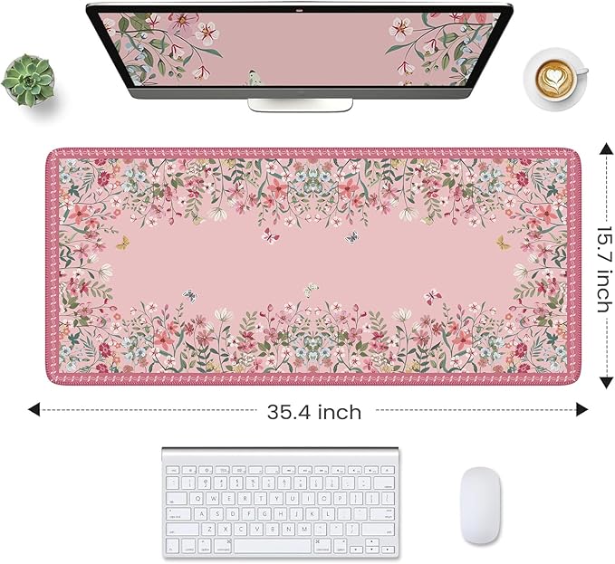 HAOCOO Rose Desk Pad Mat Floral, Cute Desk Matt for Desktop, Non-Slip Large Mouse Pad with Edge Stitching, Waterproof Keyboard Mat for Gaming, Office, Women Office Aesthetics