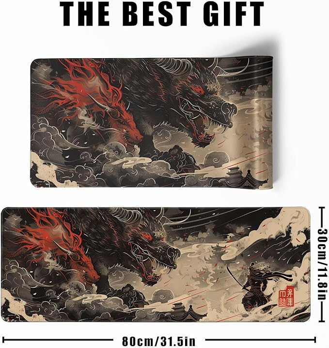 Huge Demon Large Mouse Pad Japanese Ukiyo-e Mousepad Samurai Desk Mat, Big Full Keyboard and Mouse Pad Cool Desk Pad for Keyboard Mouse with Stitched Edges Anti-Slip Funny Desk Pad, 31.5 X 11.8