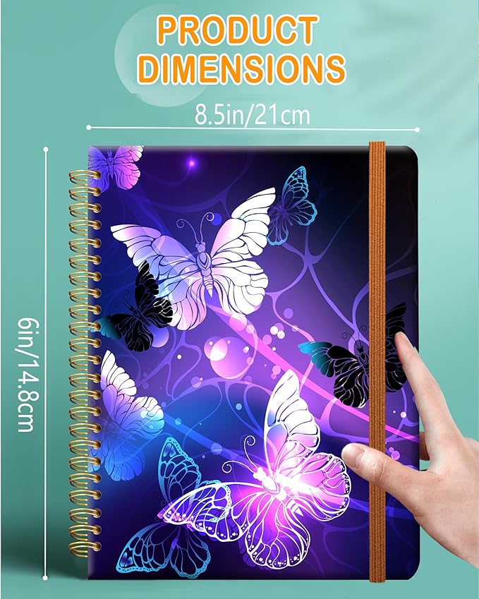 Ruled Spiral Writing Notebook,A5 Hardcover Lined College Journal for Women Lady,Fashion Puppy Watercolor Strong Twin-Wire Binding with Premium Paper,8.4" X 6",Perfect for School,Office,Home Gifts(Night Glowing Butterfly)