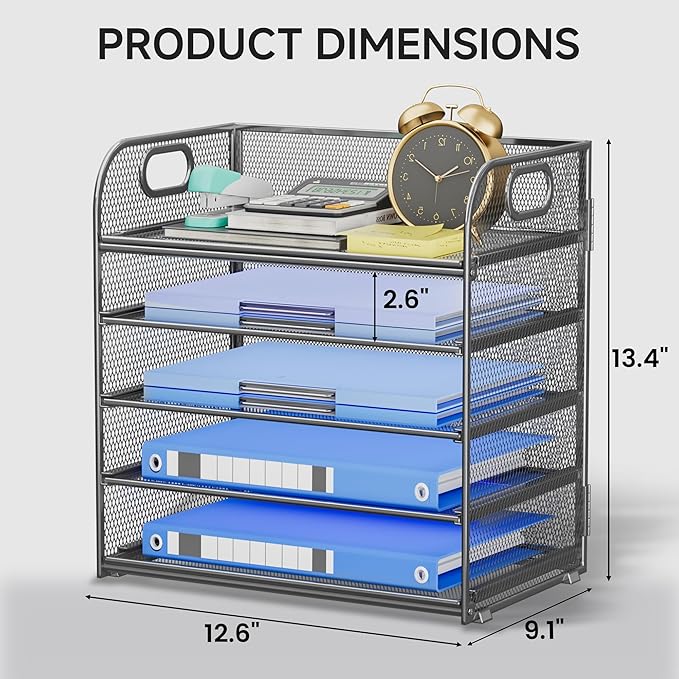5 Tier Paper Organizer for Desk File Organizer with Handle Mesh Letter Tray Paper Sorter Desk Organizer for Office Home Supplies-Grey