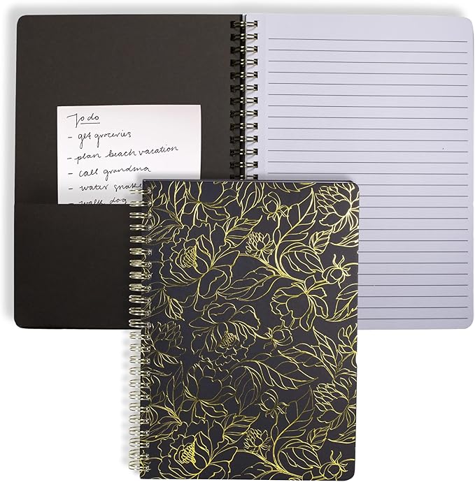 Steel Mill & Co Cute Black Mini Spiral Notebook, 8.25" x 6.25" Journal with Durable Hardcover and 160 Lined Pages, Linear Gold Floral