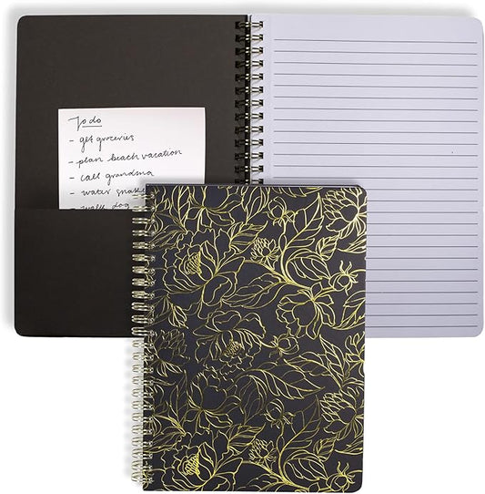 Steel Mill & Co Cute Black Mini Spiral Notebook, 8.25" x 6.25" Journal with Durable Hardcover and 160 Lined Pages, Linear Gold Floral