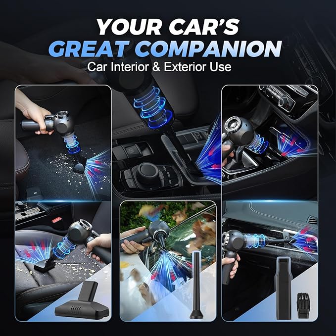 Handheld Car Vacuum Cleaner, 6 in 1 Multi-Function Cordless Small Vacuum, 17000PA Adjustable Portable with Brushless Motor for Inflation, Dust Blowing, Suction for Car, Home, Office– All in One