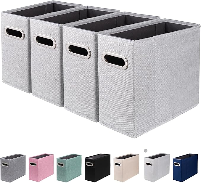 4 Packs Letter Size File Organizer, File Folders Organizer, Fabric Storage Box, Collapsible Paper Organizer with Metal Handle, Smooth PVC Rails, Only Box (Light Gray)
