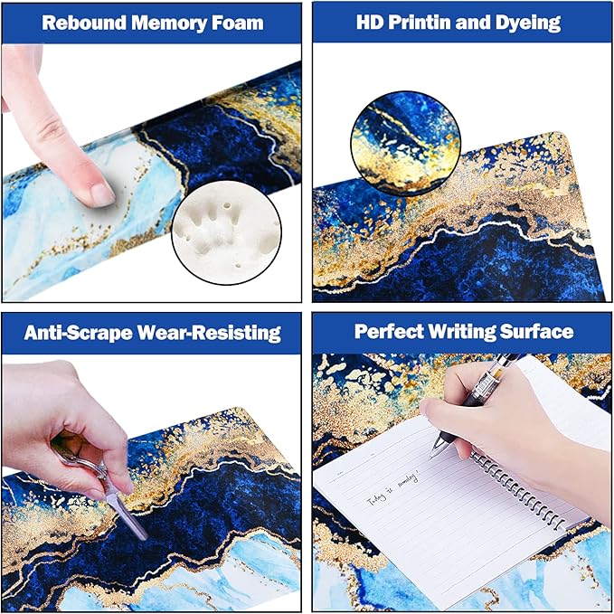 ARTSO Large Gaming Mouse Pad, Keyboard Wrist Rest Pad & Wrist Support Mousepad Set, Stitched Edge, Extended, Non-Slip Base, Memory Foam,Multifunctional Desk Mat 4pcs for Office & Home, Blue Marble