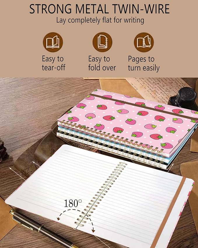 Spiral Journal Notebook, A5 Cute Notebooks for Women Men, College Ruled Hardcover Notebook for Work & Note Taking, 60 Pages Double-Wire Journals for Writing, Cute Strawberry