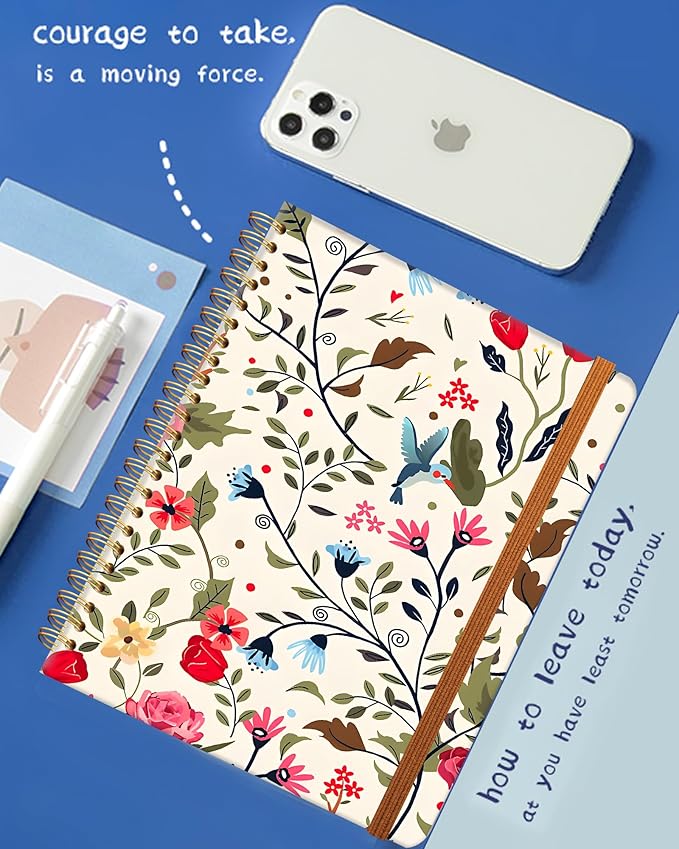 Ruled Spiral Writing Notebook,A5 Hardcover Lined College Journal for Women,Strong Twin-Wire Binding with Premium Paper,8.4" X 6",Perfect for School,Office,Home(Vintage Bird Butterfly)