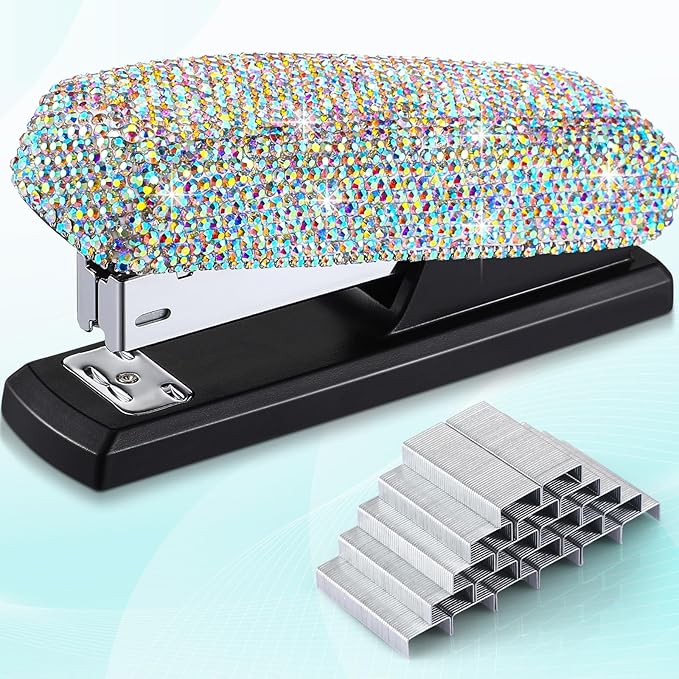 Yexiya Bling Crystal Stapler Gift Sparkly Diamond Stapler for Desk Handmade Clay Rhinestone Machine Pretty Office Stationery Kit Stylish Accessory for Women Lady Christmas(AB Color)