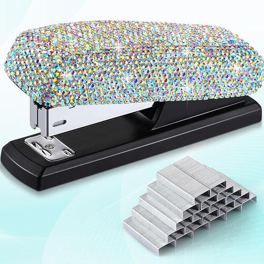 Yexiya Bling Crystal Stapler Gift Sparkly Diamond Stapler for Desk Handmade Clay Rhinestone Machine Pretty Office Stationery Kit Stylish Accessory for Women Lady Christmas(AB Color)