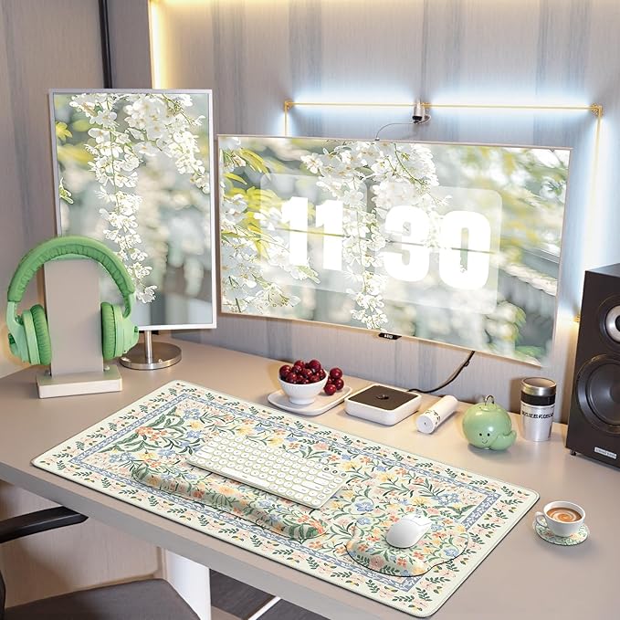 iCasso Desk Pad Mat, Large Mouse Pad and Keyboard Wrist Rest Set, Desk Protector Mat,4in1 Ergonomic Carpal Tunnel Keyboard Pad with Wrist Support for Desktop Cover Home Office Computer(Green Flowers)